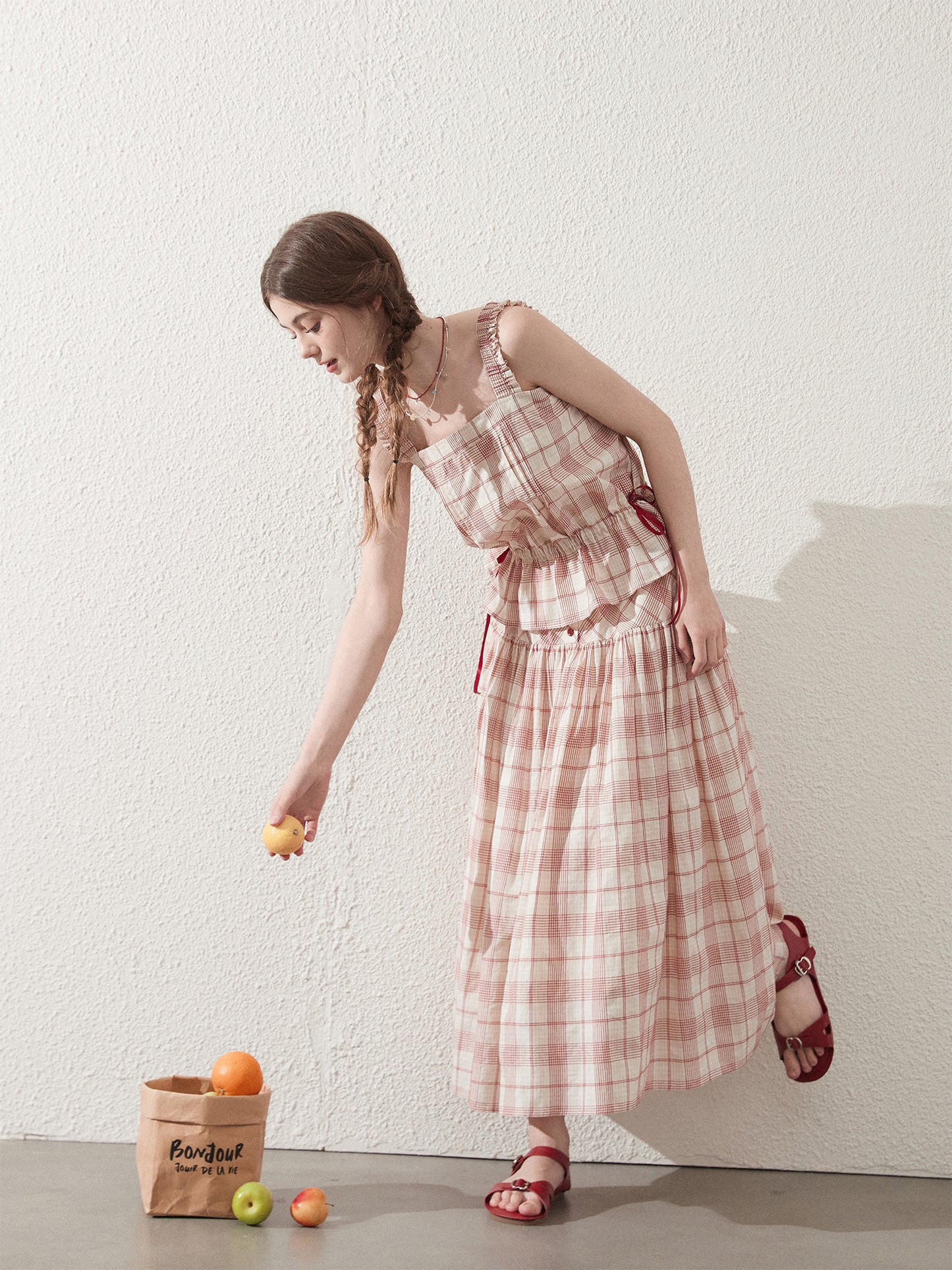 Sleeveless Cotton Plaid Top And Maxi Skirt With Buttons