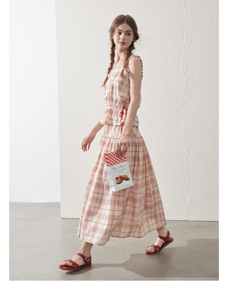Sleeveless Cotton Plaid Top And Maxi Skirt With Buttons