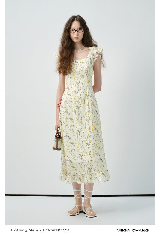 Floral Square-Neck Dress With Butterfly Sleeves