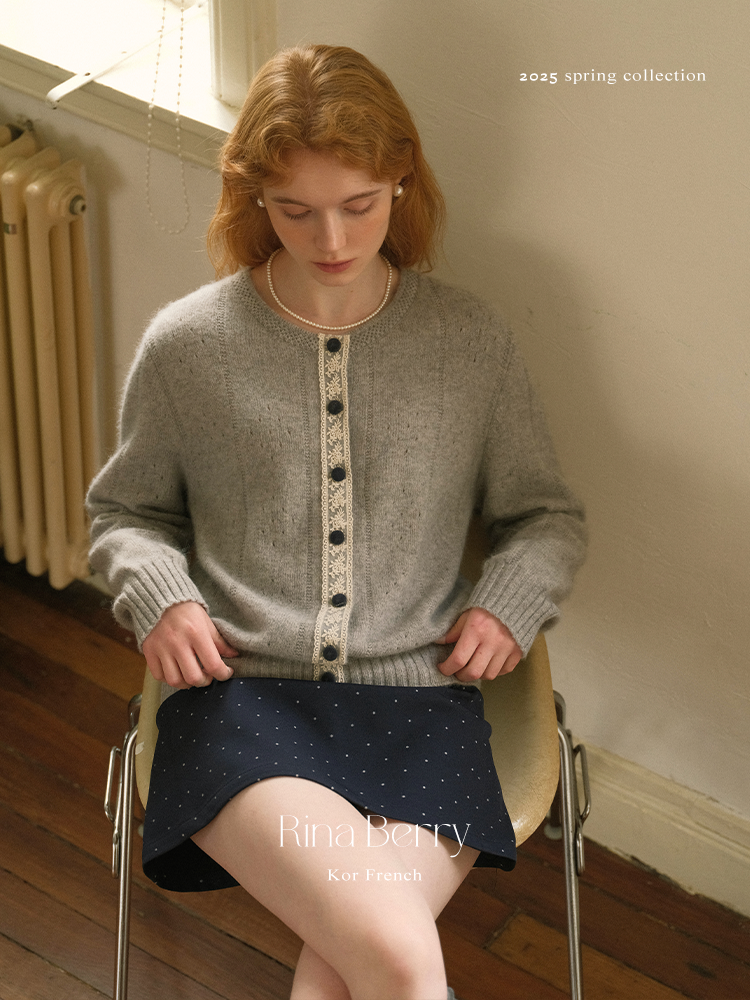 Pointelle Knit Cardigan With Lace Placket