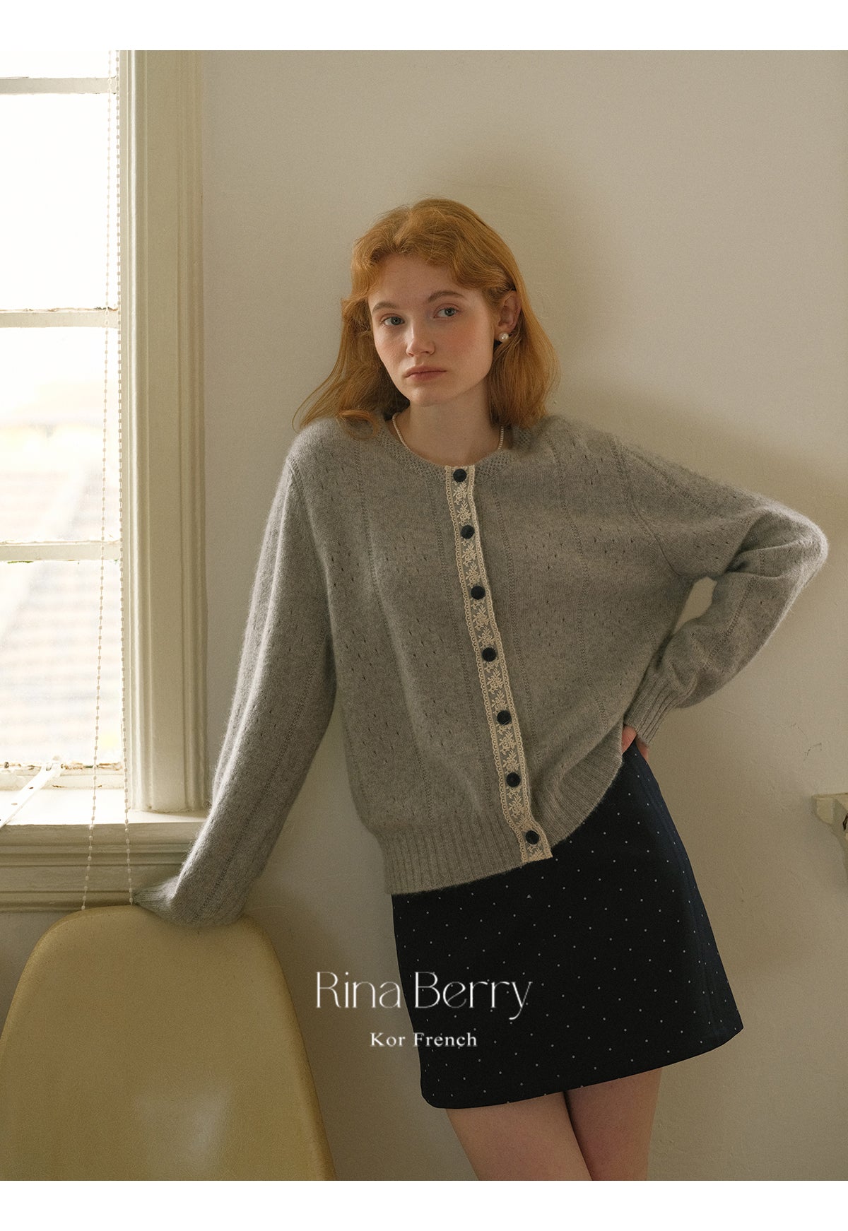 Pointelle Knit Cardigan With Lace Placket