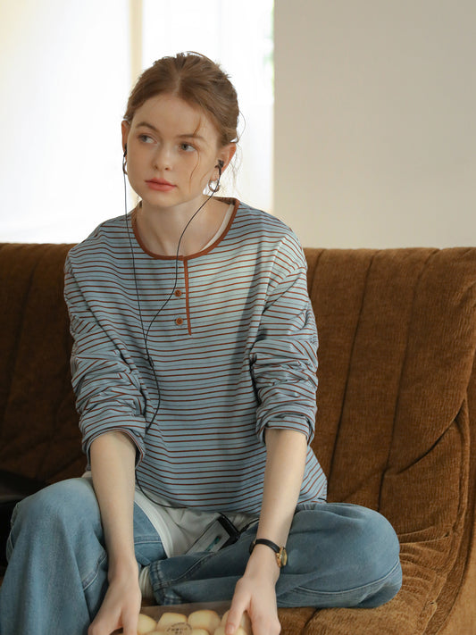 Relaxed Fit Contrast Stripe Henley T-Shirt