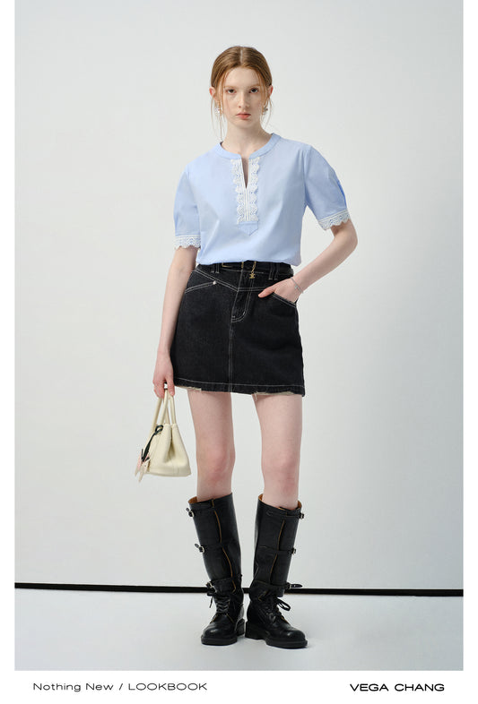 Lace-Accent Notch Neck Blouse