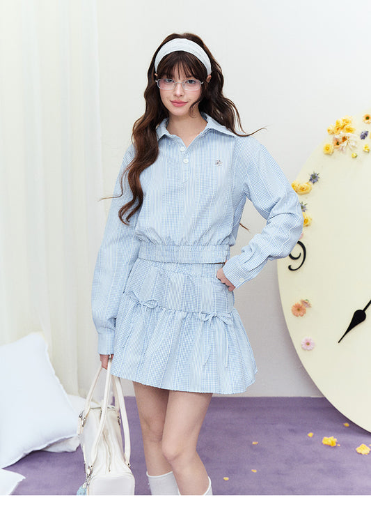 Striped Half-Button Top & Elastic Waist Bow Skirt