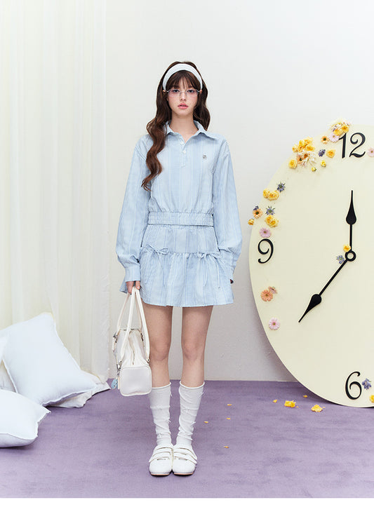 Striped Half-Button Top & Elastic Waist Bow Skirt