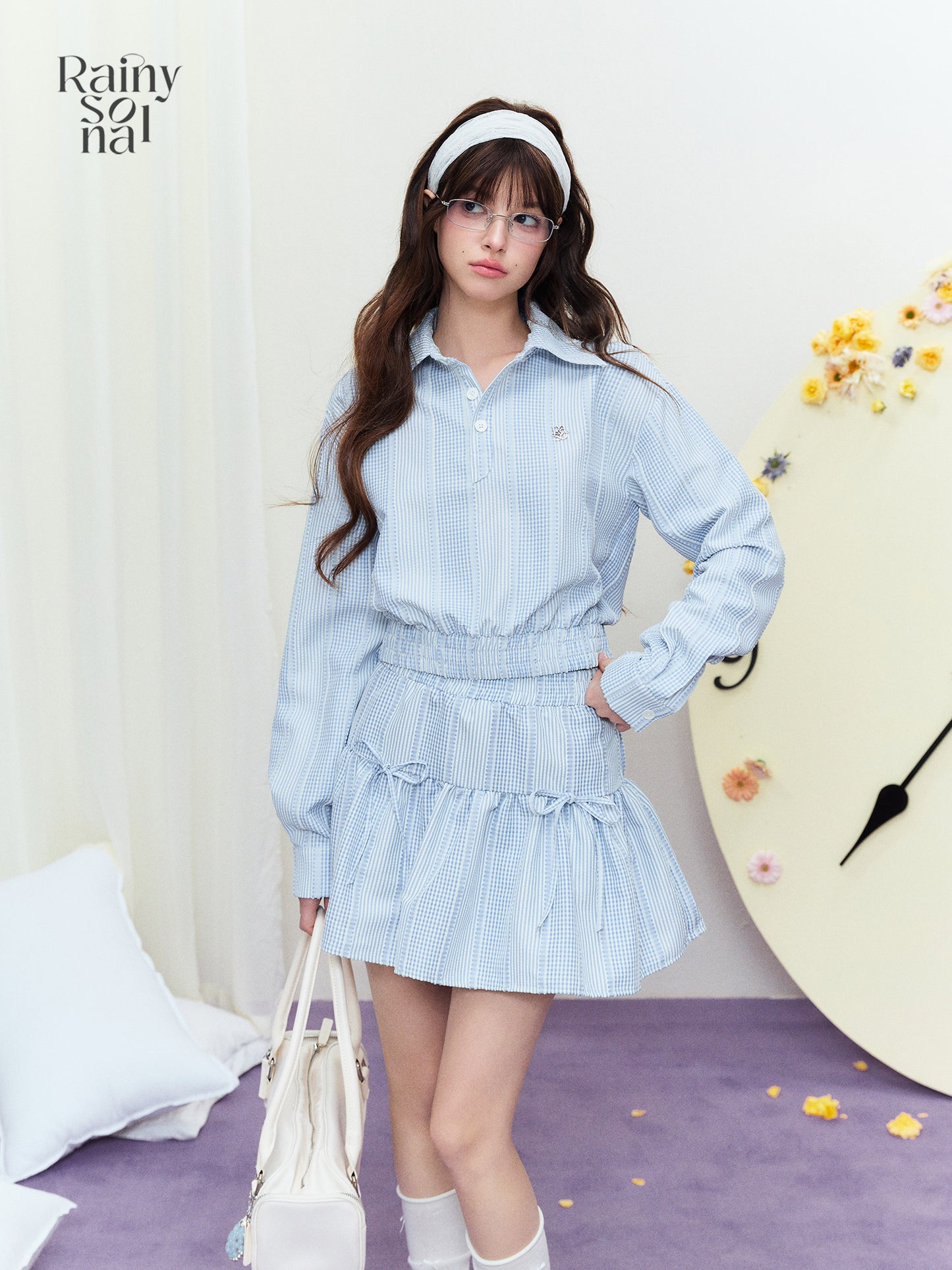 Striped Half-Button Top & Elastic Waist Bow Skirt