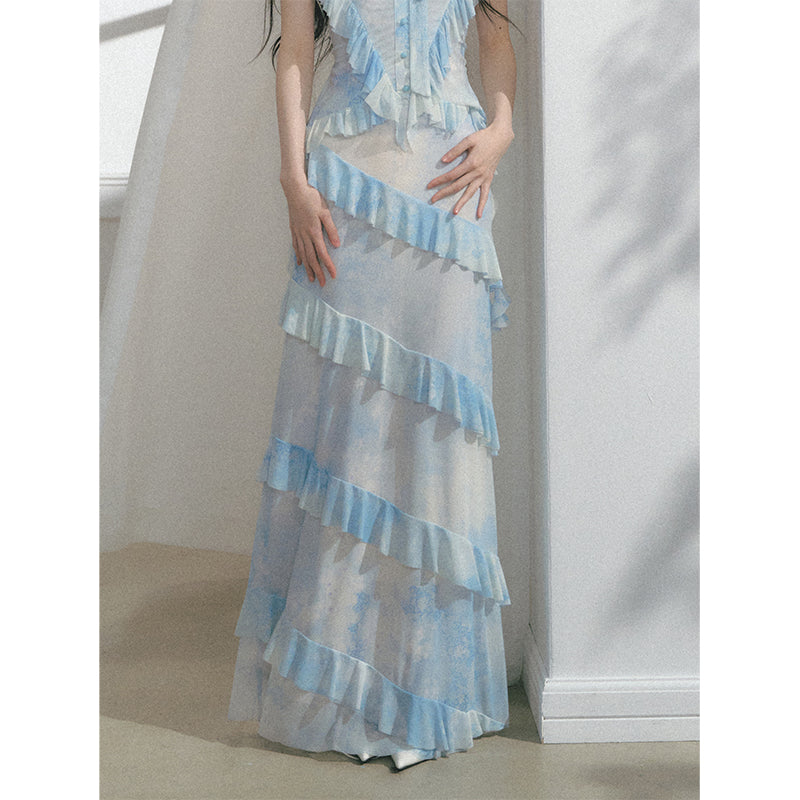 Gradient Halter Top & Maxi Skirt With Ruffle Trims
