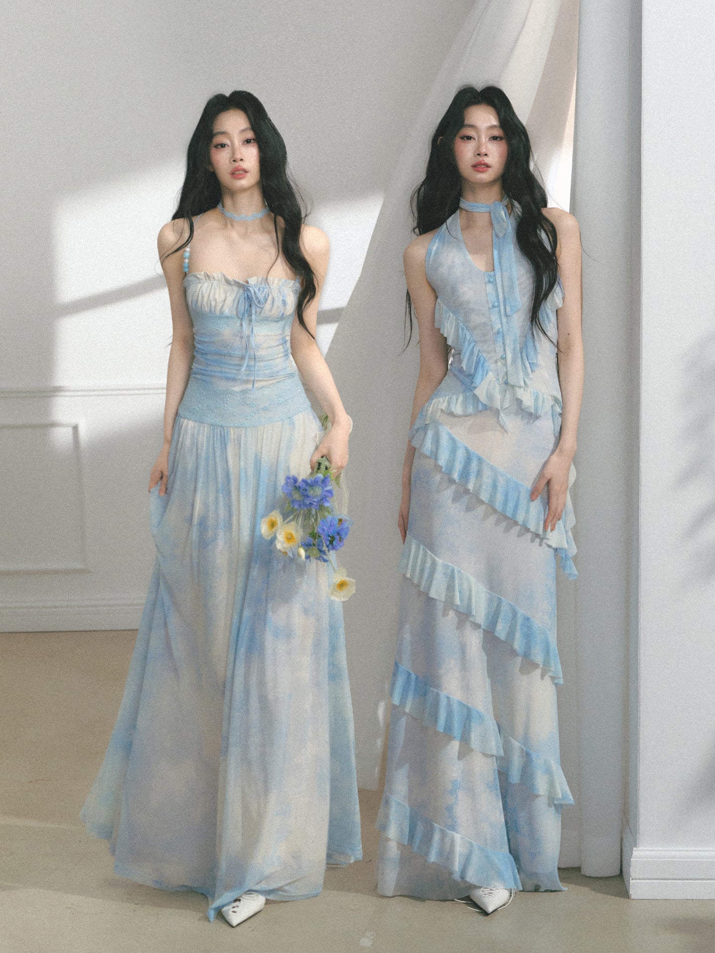 Gradient Halter Top & Maxi Skirt With Ruffle Trims