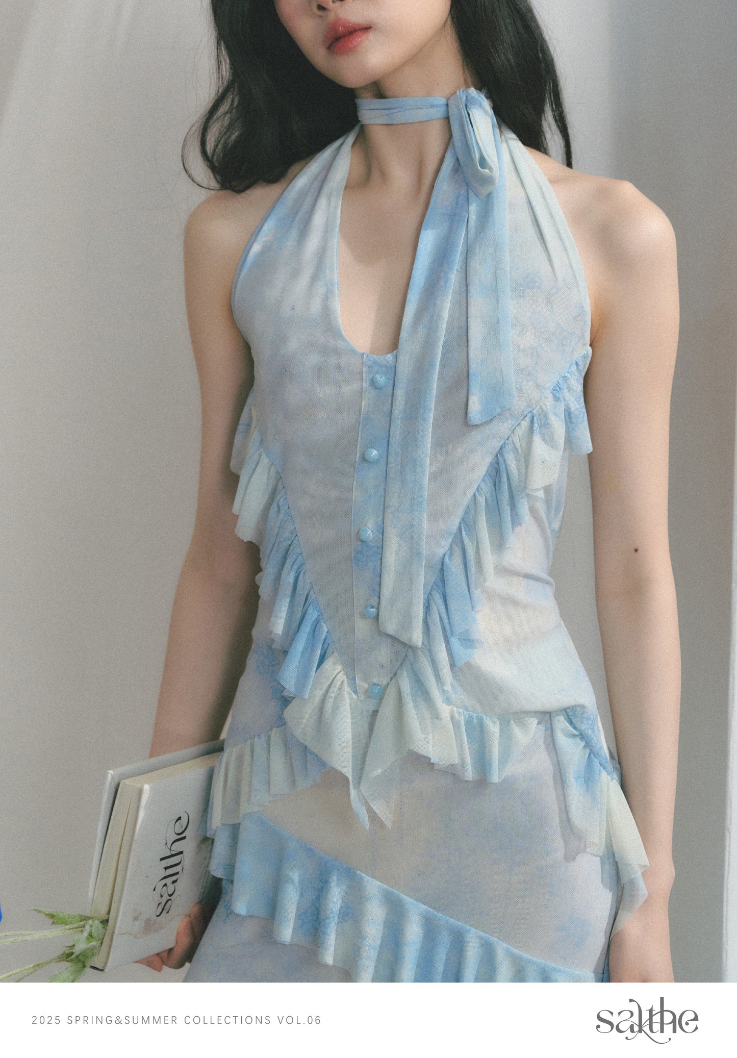 Gradient Halter Top & Maxi Skirt With Ruffle Trims