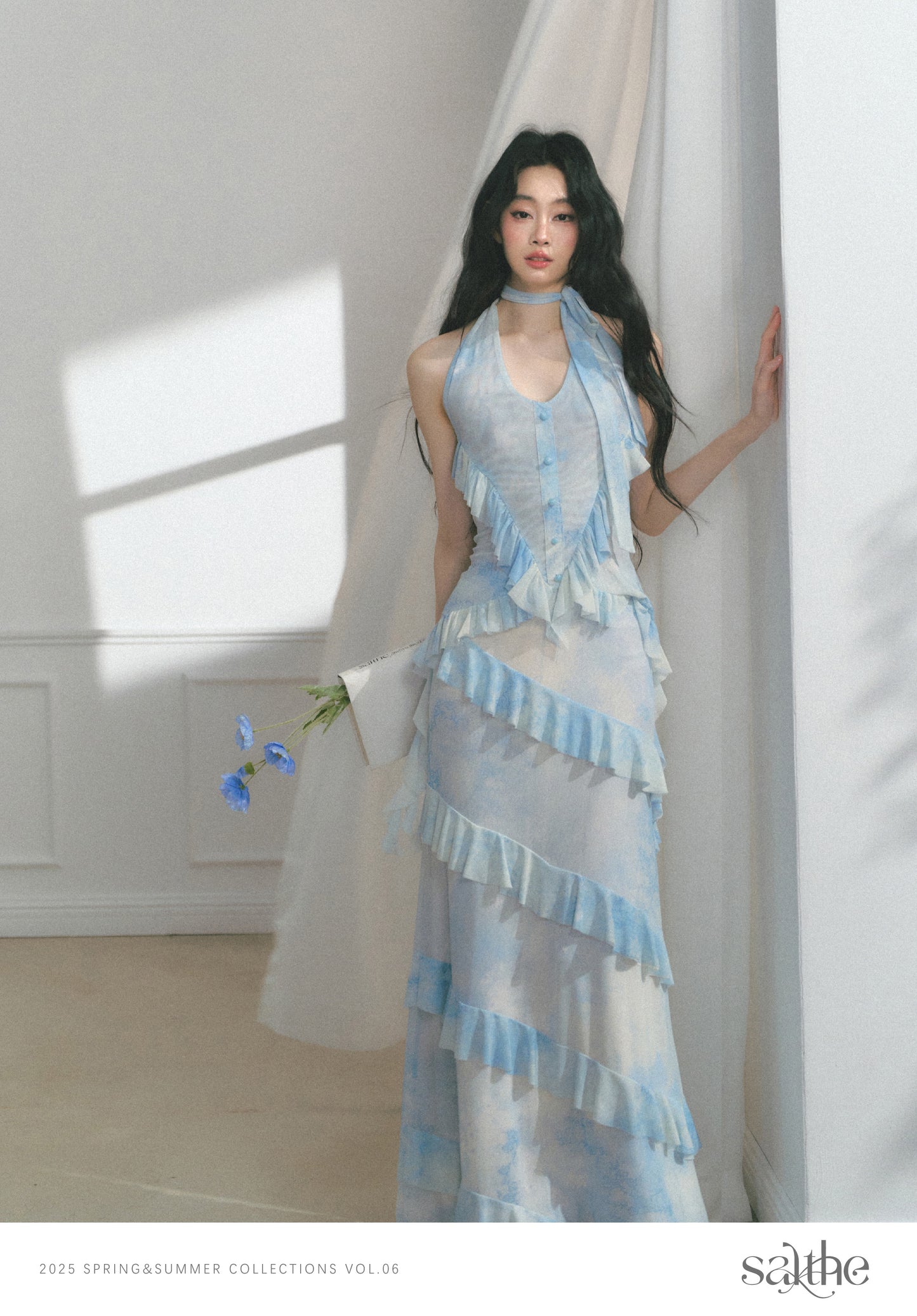 Gradient Halter Top & Maxi Skirt With Ruffle Trims