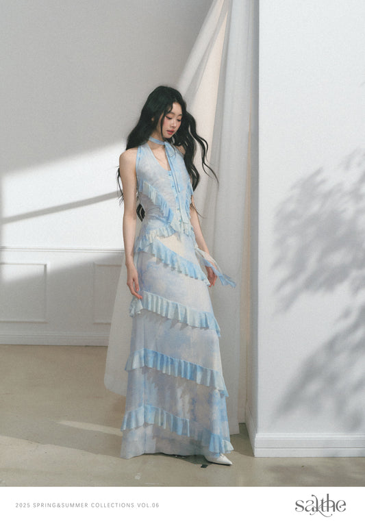 Gradient Halter Top & Maxi Skirt With Ruffle Trims