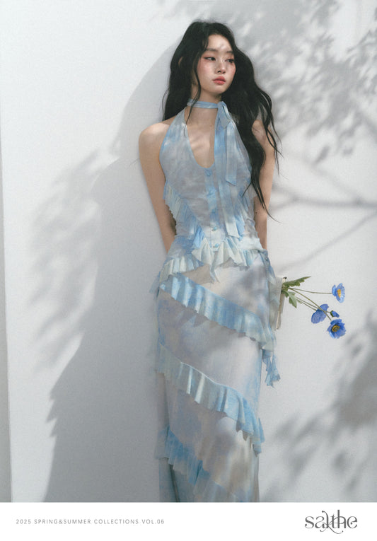 Gradient Halter Top & Maxi Skirt With Ruffle Trims