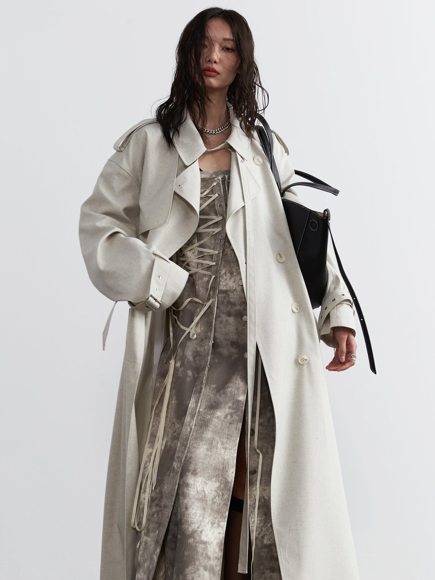 Double-Breasted Belted Neutral Trench Coat