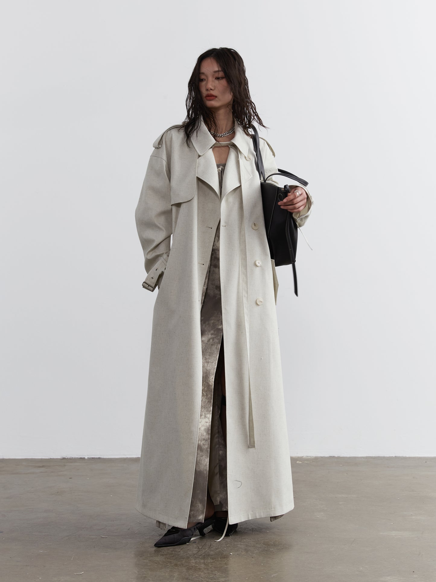 Double-Breasted Belted Neutral Trench Coat