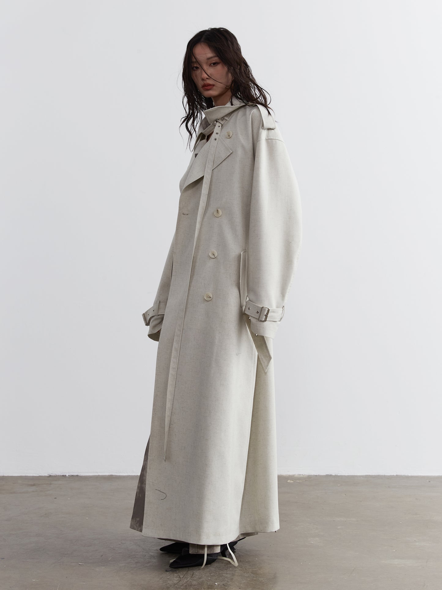 Double-Breasted Belted Neutral Trench Coat