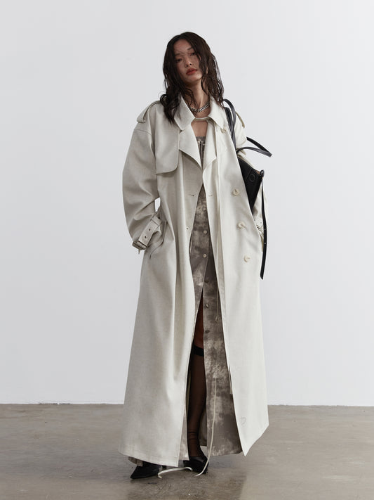 Double-Breasted Belted Neutral Trench Coat