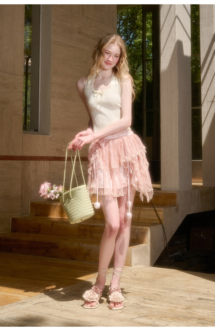 Pointelle Cropped Top With Wide Halter Strap