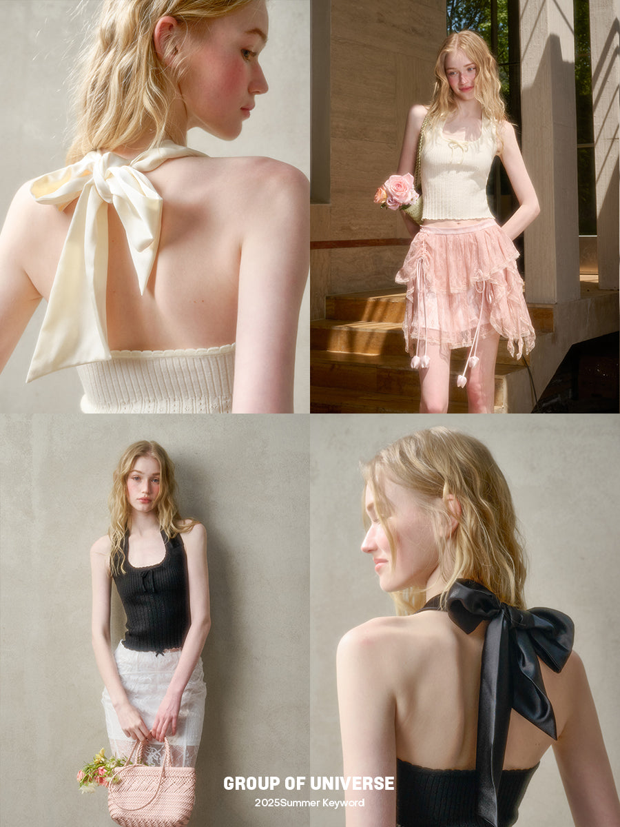Pointelle Cropped Top With Wide Halter Strap