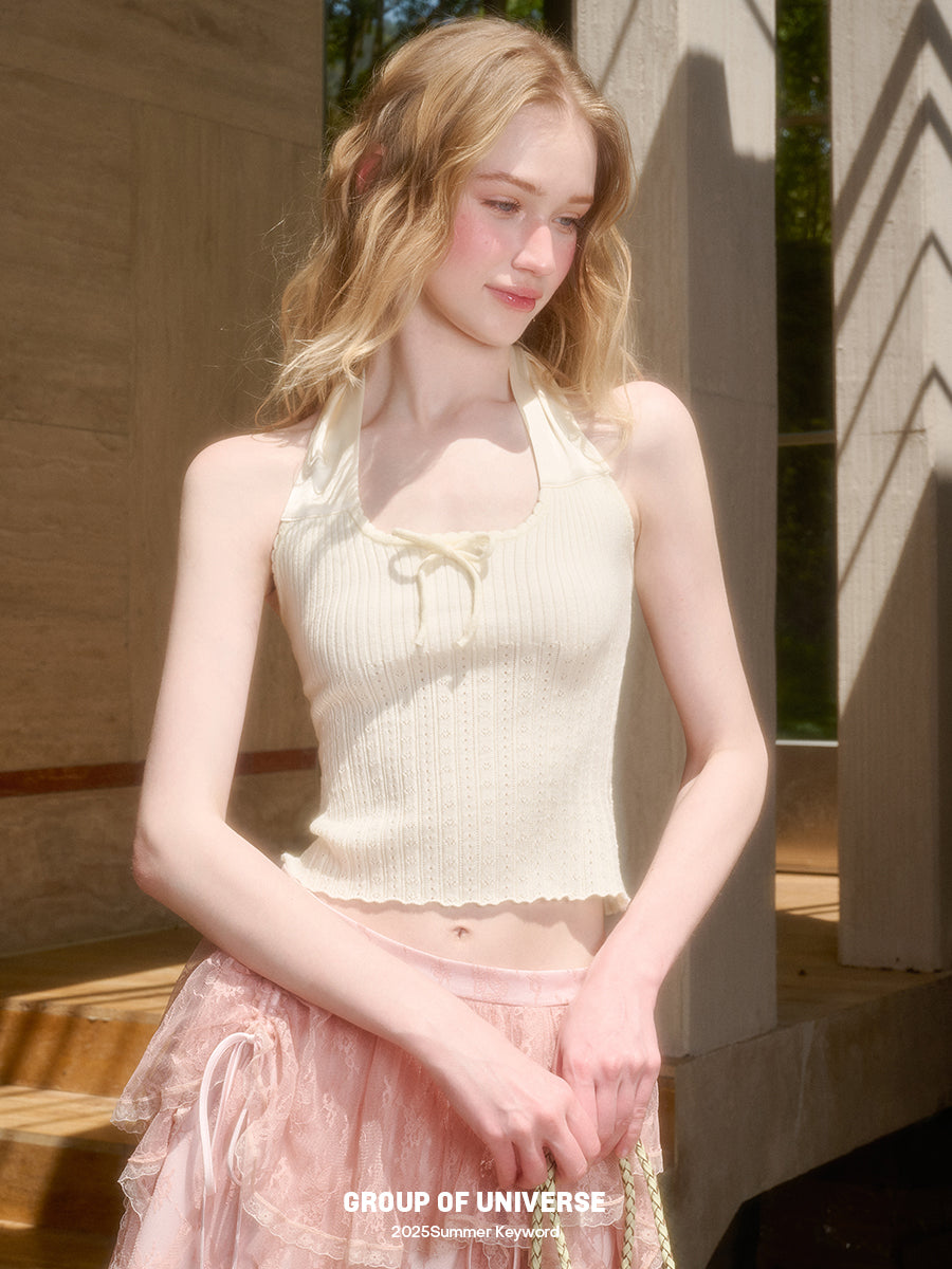 Pointelle Cropped Top With Wide Halter Strap