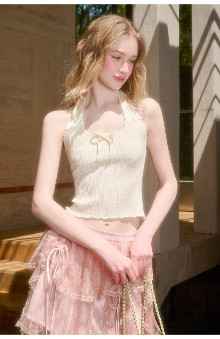 Pointelle Cropped Top With Wide Halter Strap
