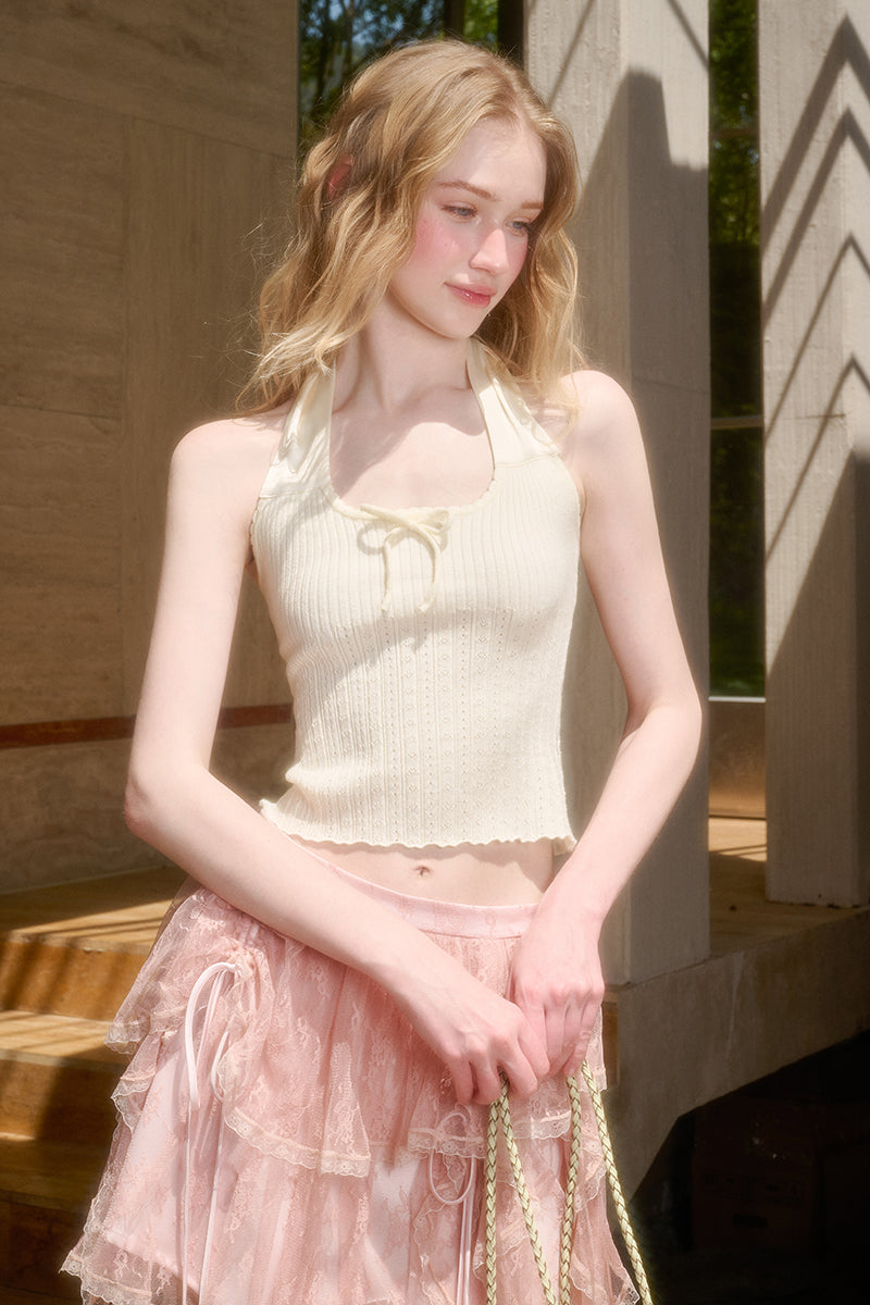 Pointelle Cropped Top With Wide Halter Strap