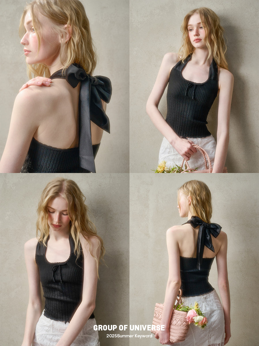 Pointelle Cropped Top With Wide Halter Strap