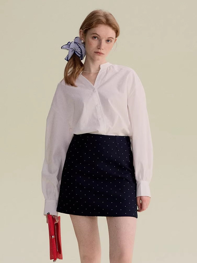 Minimal Band-Collar Blouse & Dot Mini Skirt