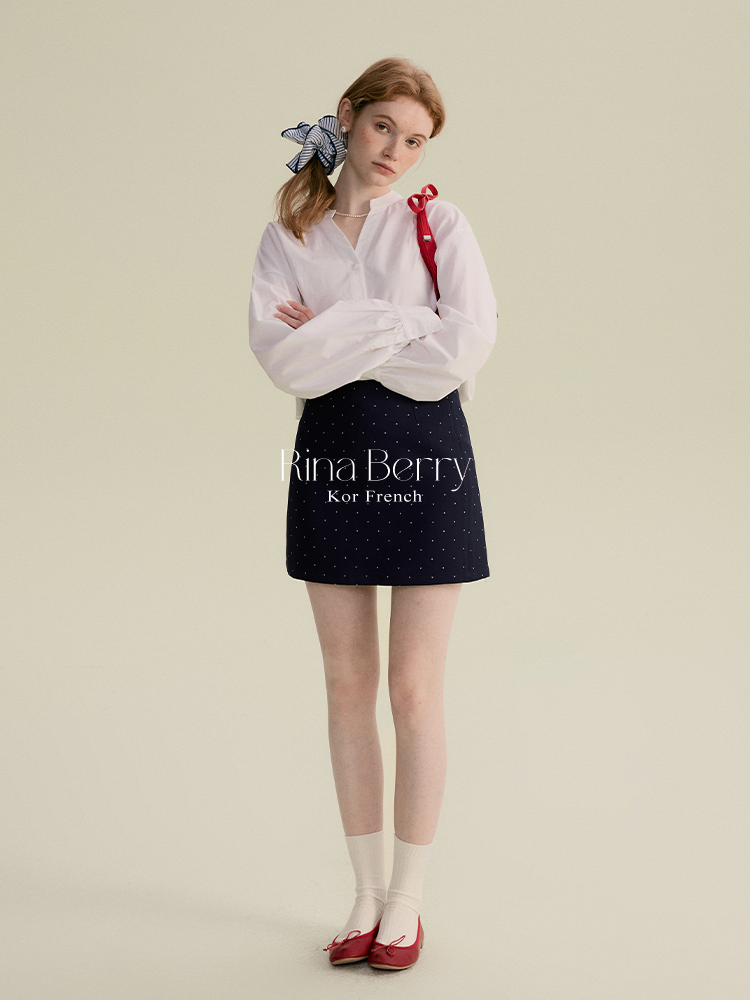 Minimal Band-Collar Blouse & Dot Mini Skirt
