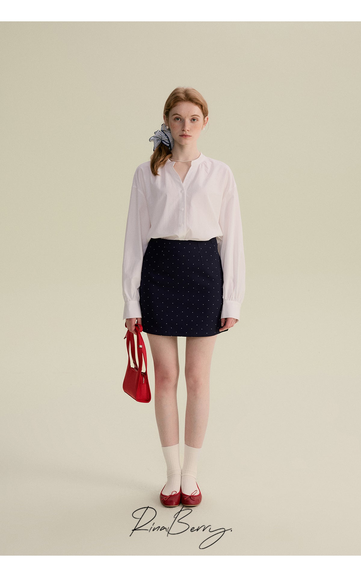 Minimal Band-Collar Blouse & Dot Mini Skirt
