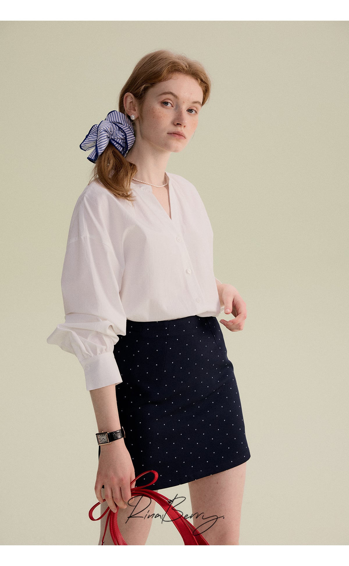Minimal Band-Collar Blouse & Dot Mini Skirt