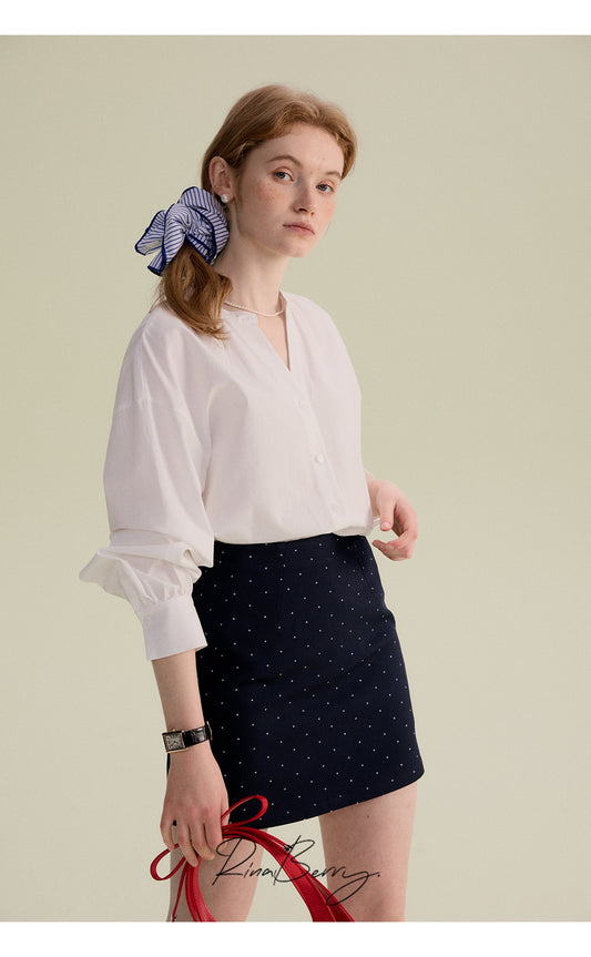 Minimal Band-Collar Blouse & Dot Mini Skirt