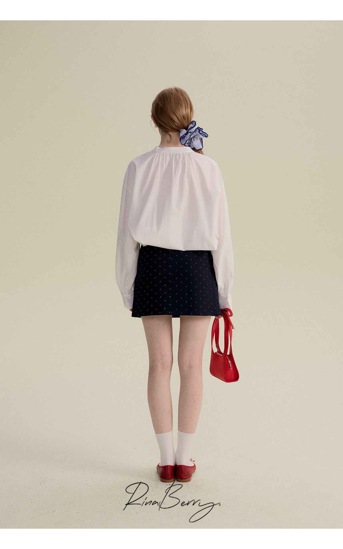 Minimal Band-Collar Blouse & Dot Mini Skirt