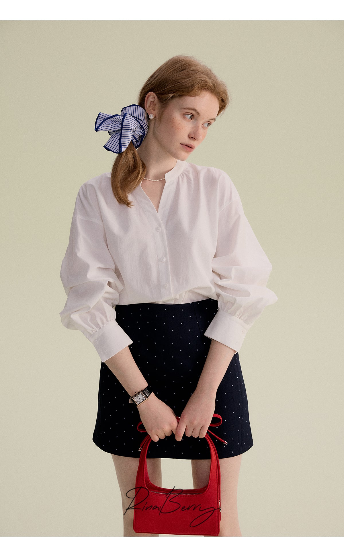 Minimal Band-Collar Blouse & Dot Mini Skirt