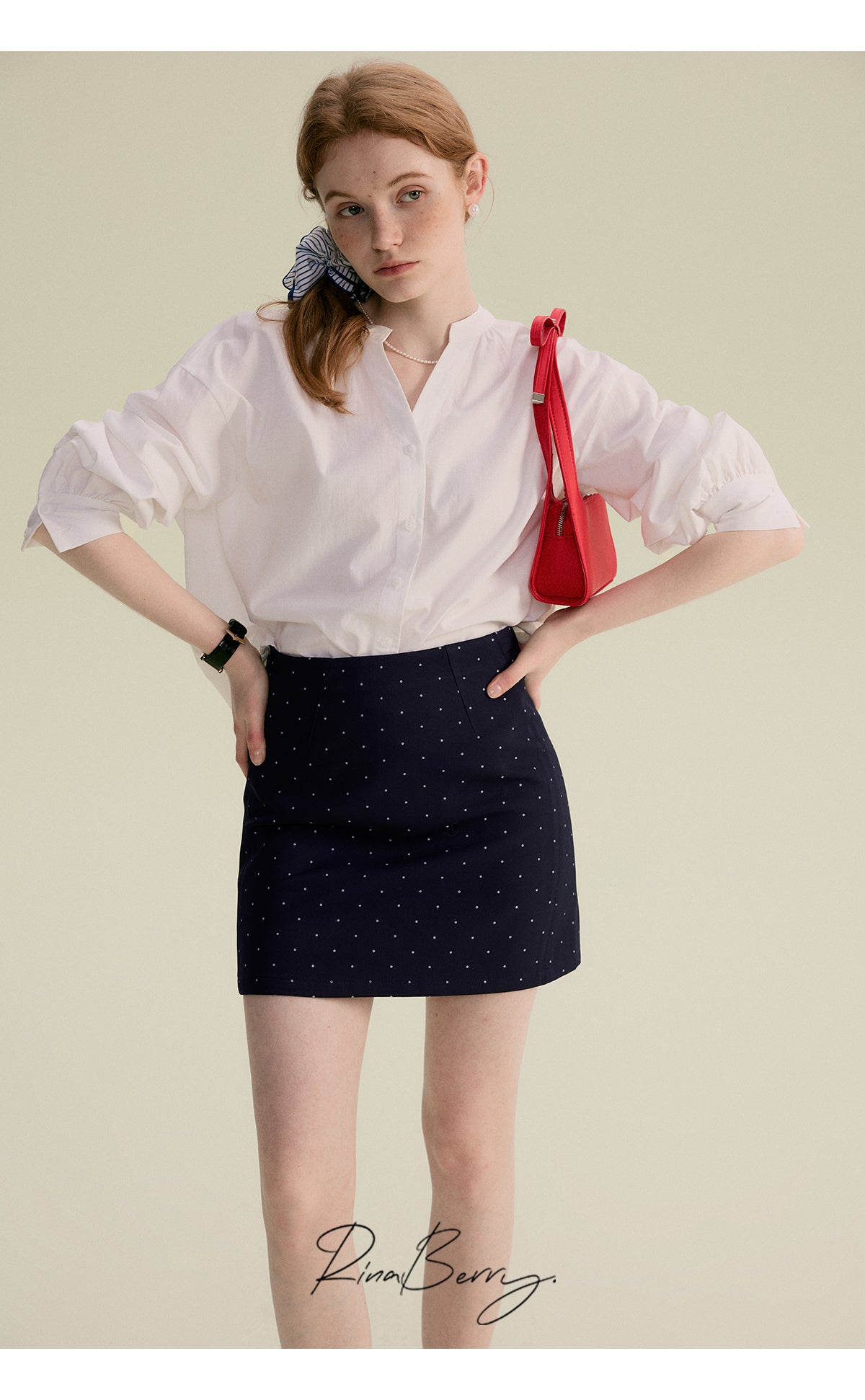 Minimal Band-Collar Blouse & Dot Mini Skirt
