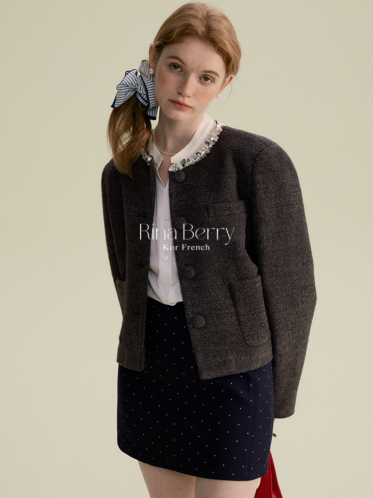 Minimal Band-Collar Blouse & Dot Mini Skirt