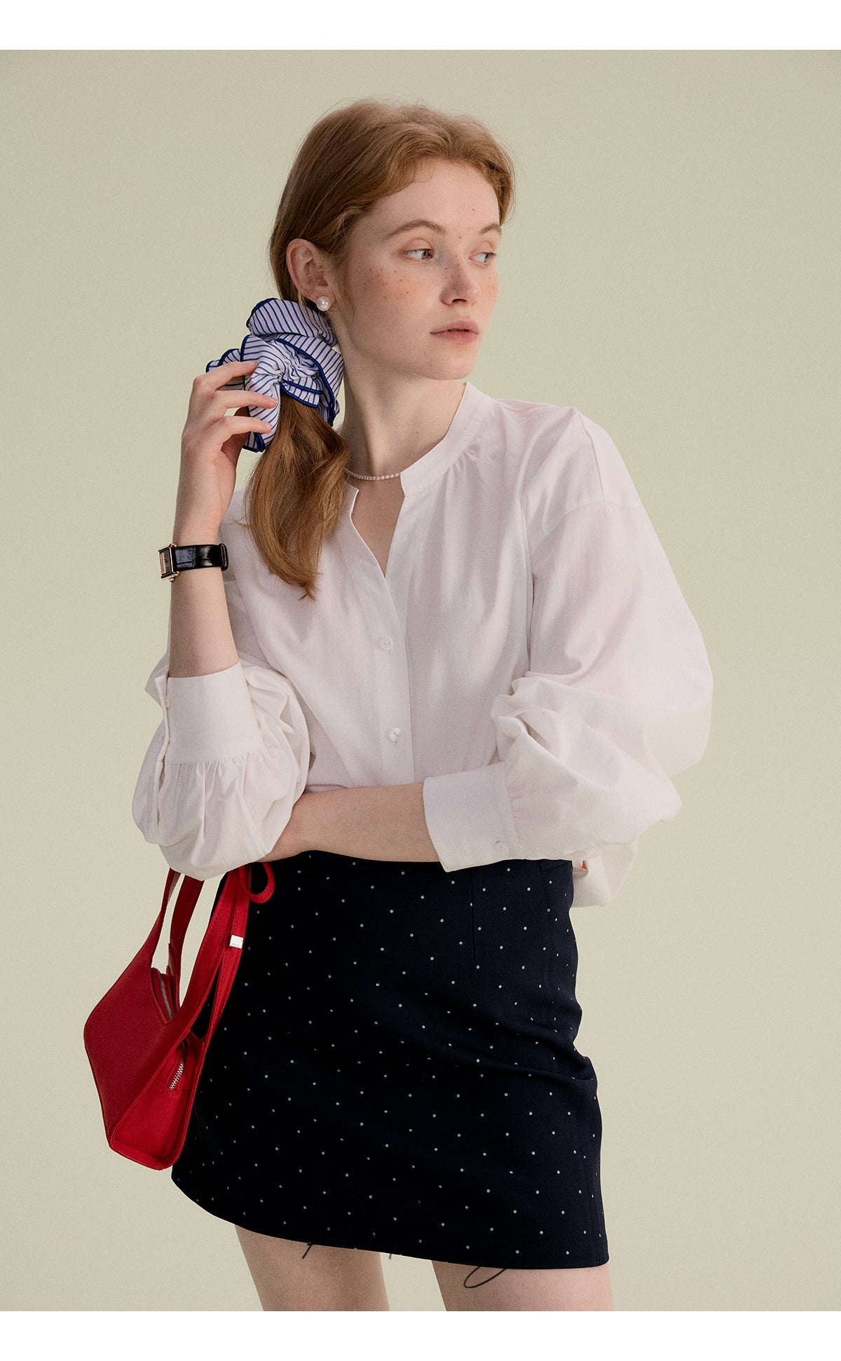 Minimal Band-Collar Blouse & Dot Mini Skirt