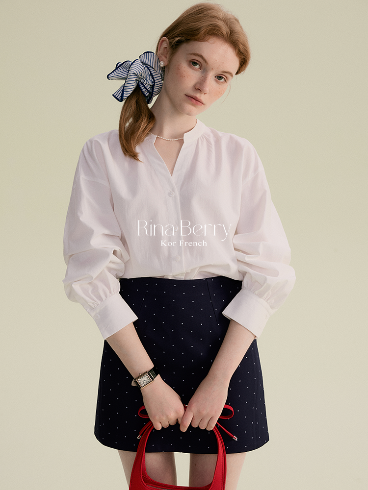 Minimal Band-Collar Blouse & Dot Mini Skirt