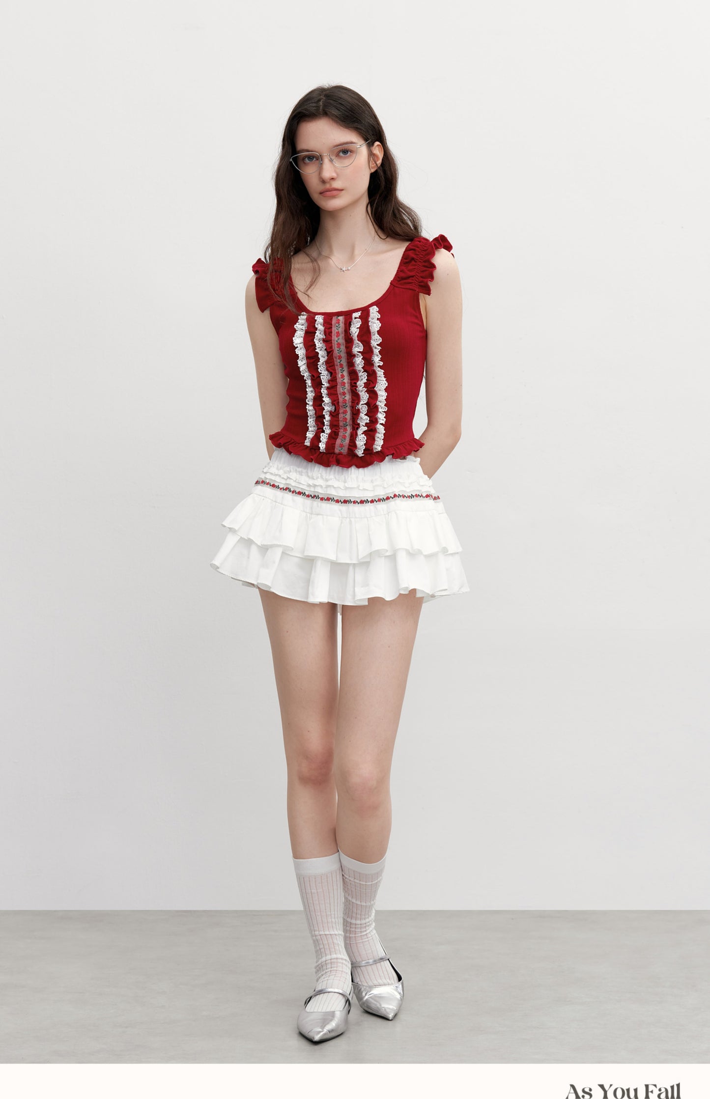 Sleeveless Cropped Ruffle Top With Floral Detail