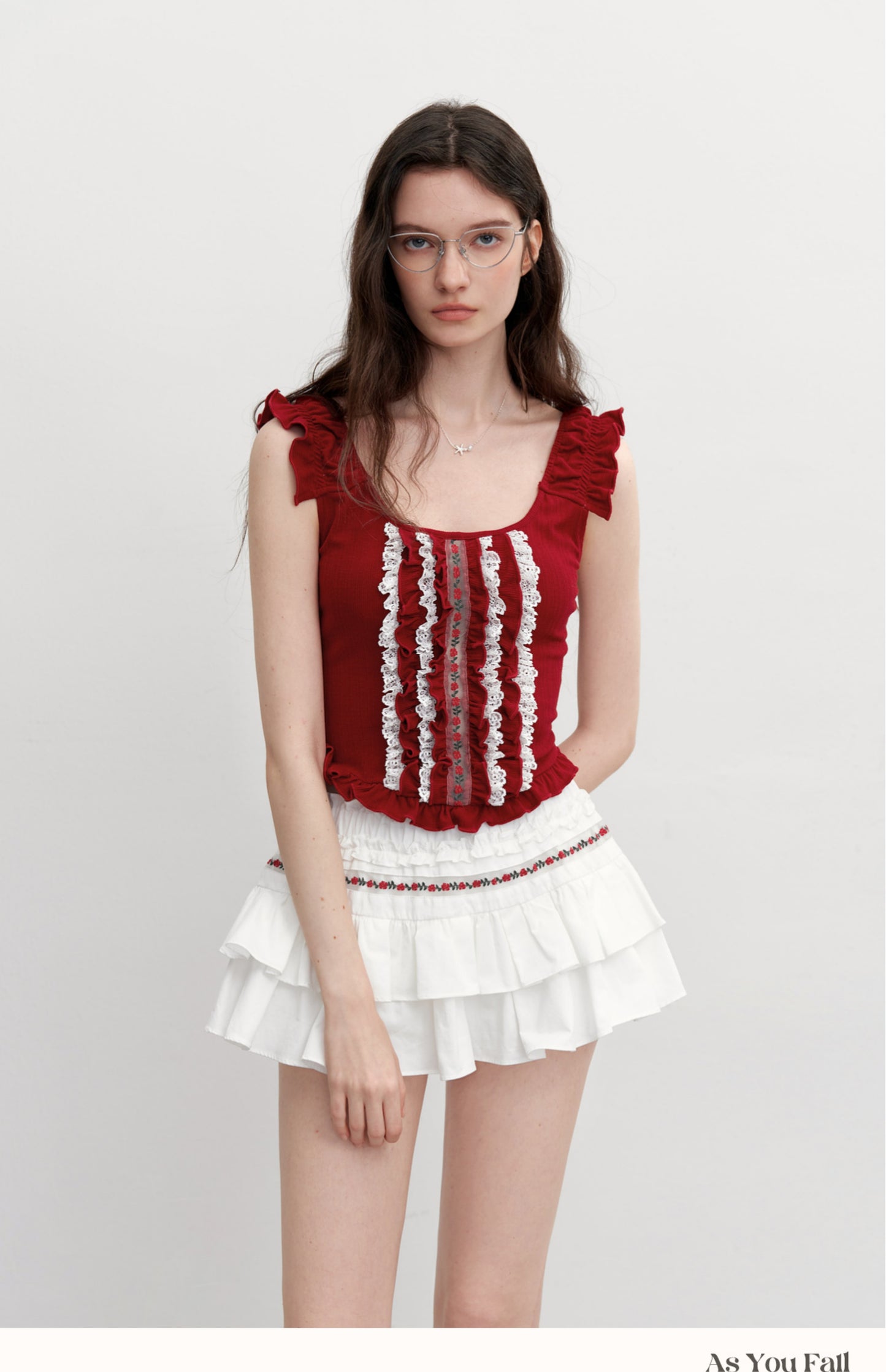 Sleeveless Cropped Ruffle Top With Floral Detail