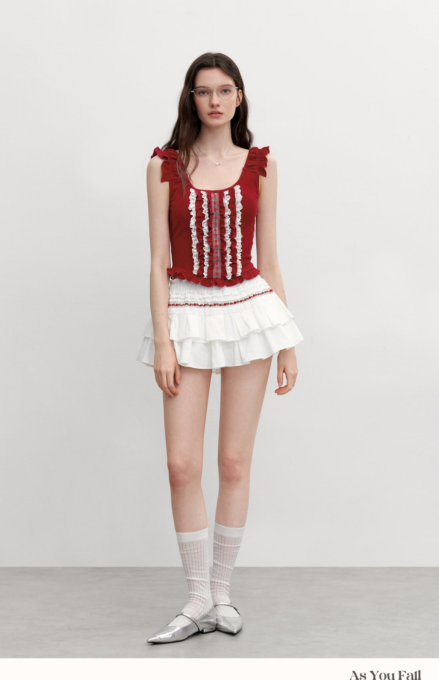 Sleeveless Cropped Ruffle Top With Floral Detail