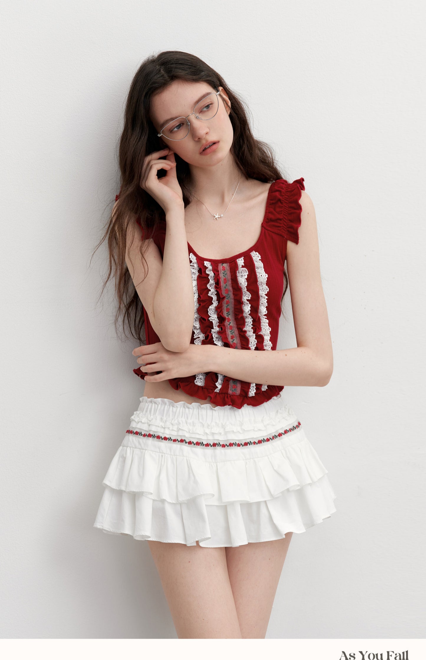Sleeveless Cropped Ruffle Top With Floral Detail