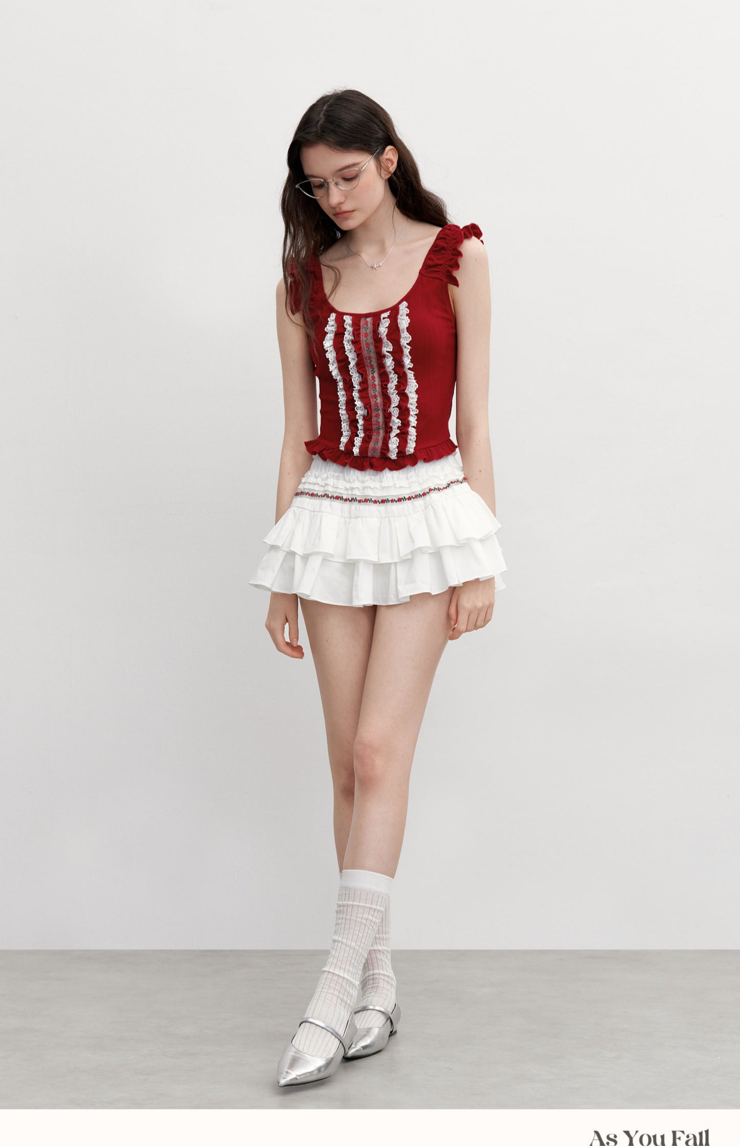 Sleeveless Cropped Ruffle Top With Floral Detail