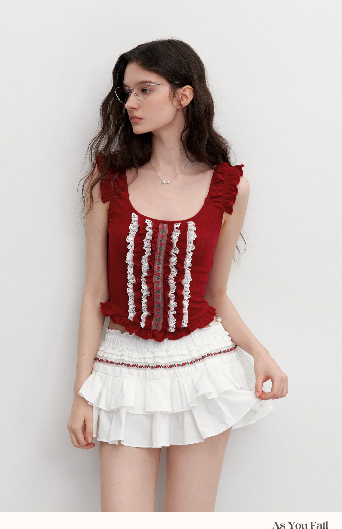 Sleeveless Cropped Ruffle Top With Floral Detail