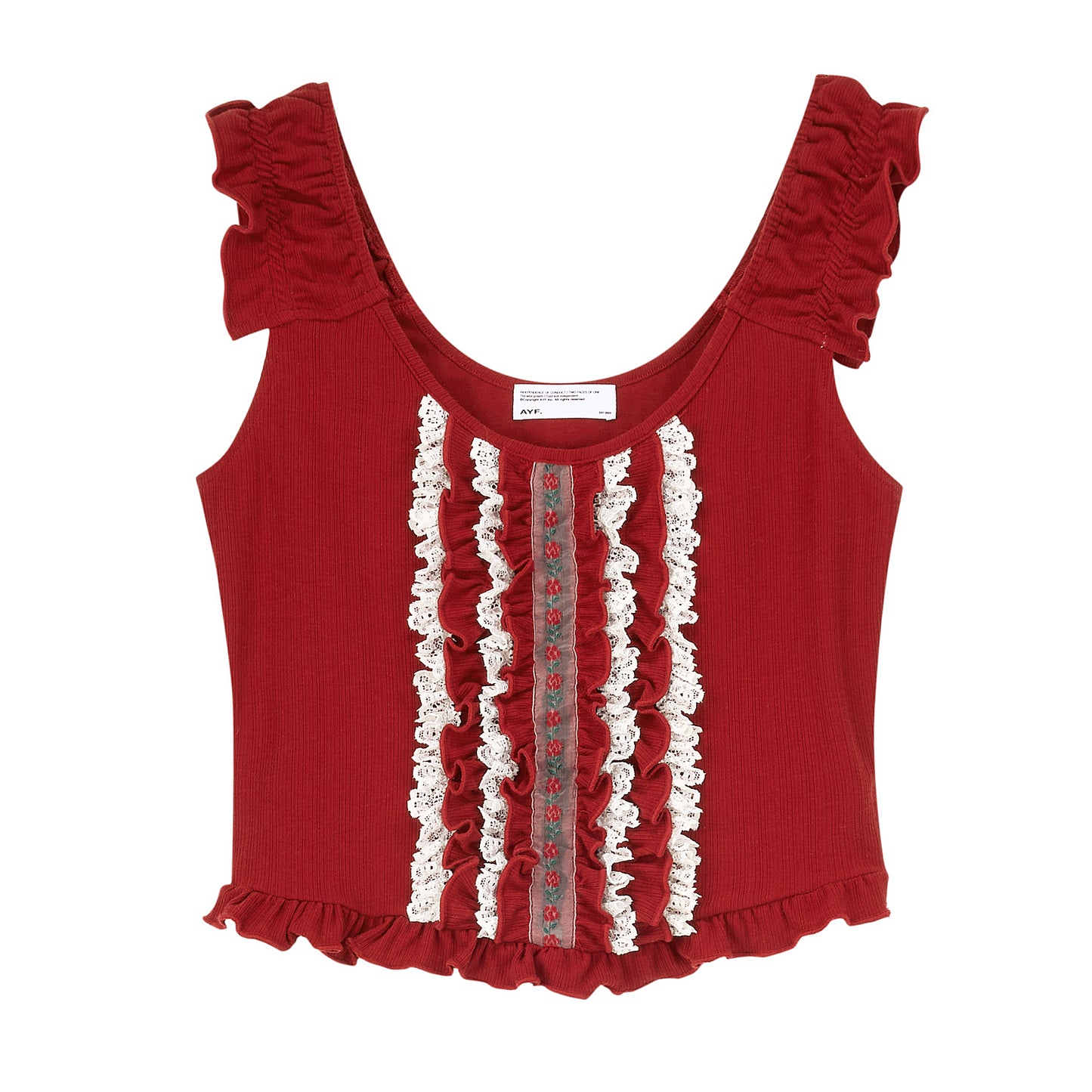 Sleeveless Cropped Ruffle Top With Floral Detail