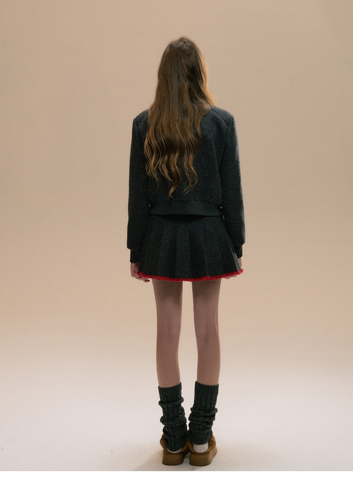 Fringed Contrast Varsity Jacket & Pleated Skirt