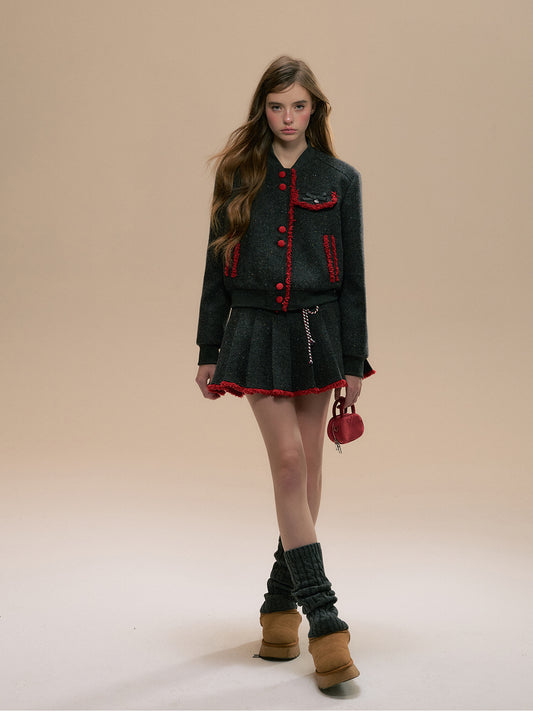 Fringed Contrast Varsity Jacket & Pleated Skirt