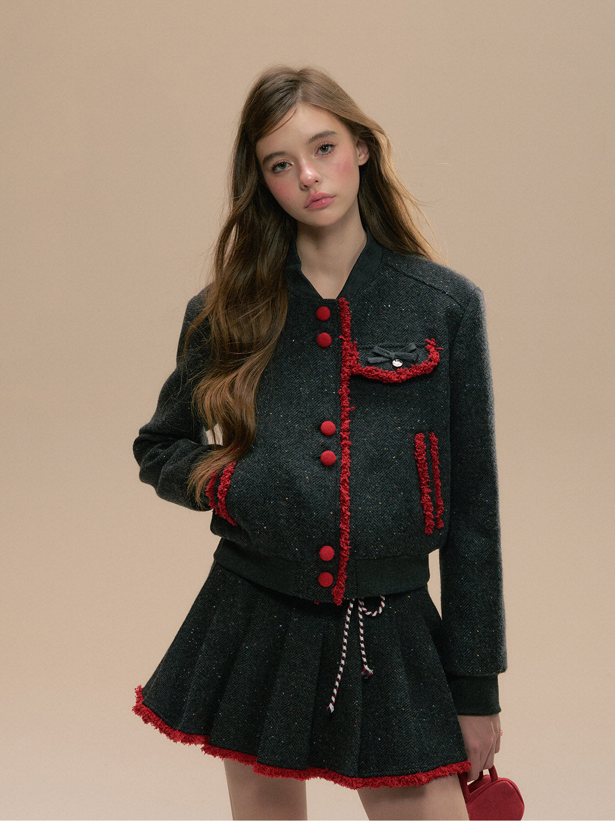 Fringed Contrast Varsity Jacket & Pleated Skirt