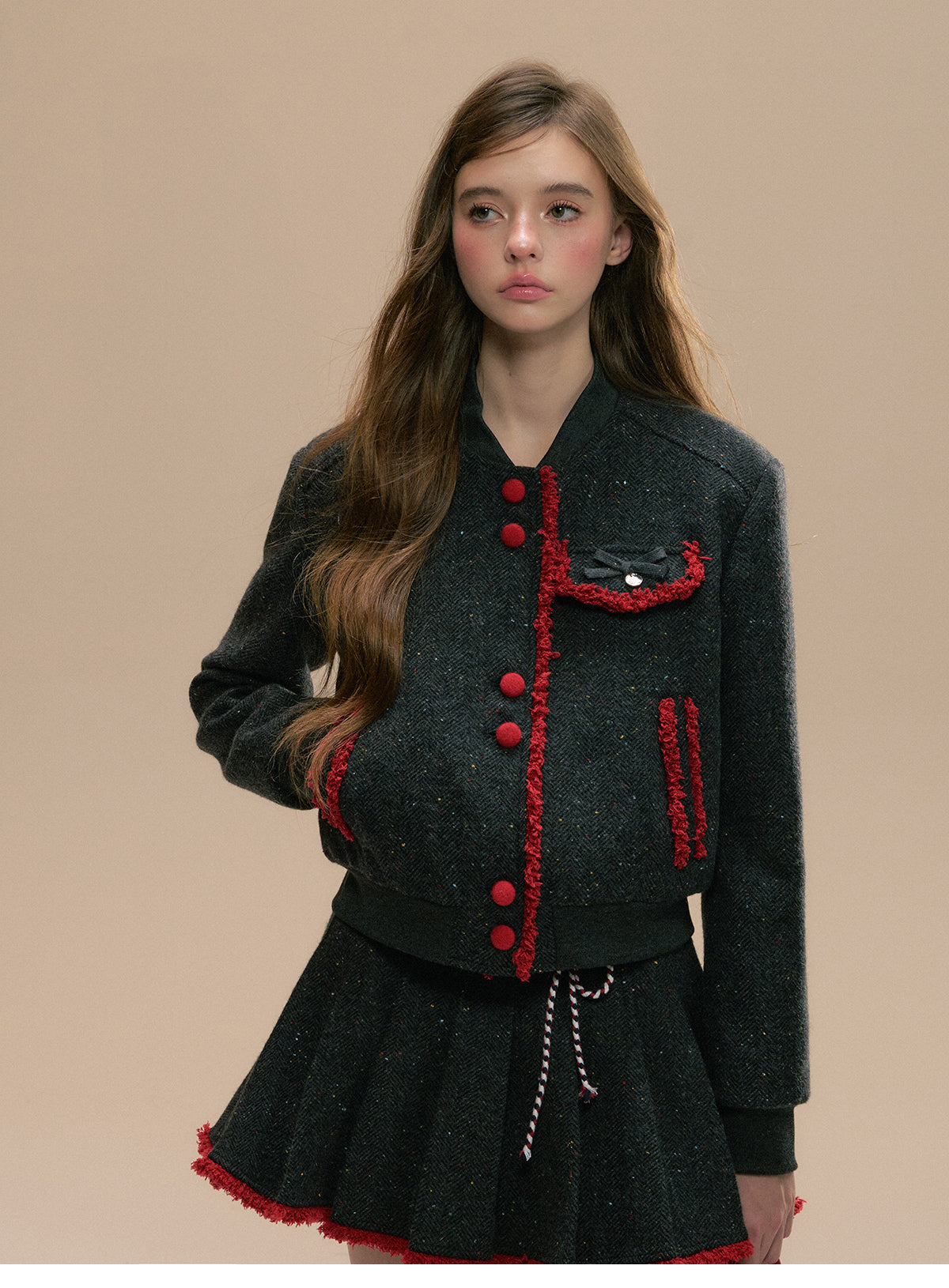 Fringed Contrast Varsity Jacket & Pleated Skirt