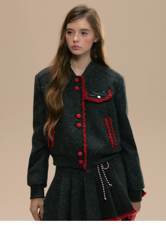 Fringed Contrast Varsity Jacket & Pleated Skirt