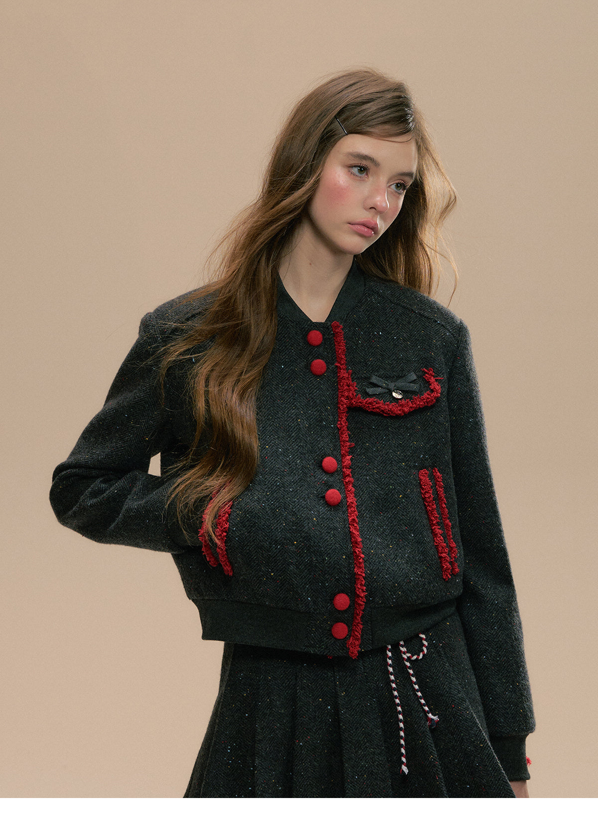 Fringed Contrast Varsity Jacket & Pleated Skirt